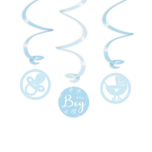 3 x Blue "It's A Boy" Baby Shower Hanging Whirls - 70cm