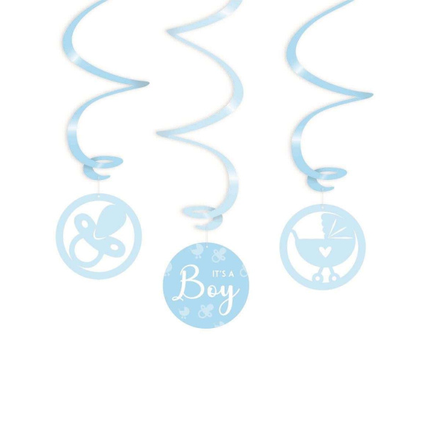 3 x Blue "It's A Boy" Baby Shower Hanging Whirls - 70cm