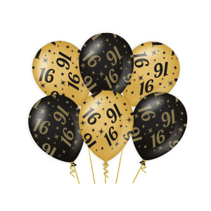 6 x 16th Birthday Black & Gold Deluxe Party Balloons - 30cm