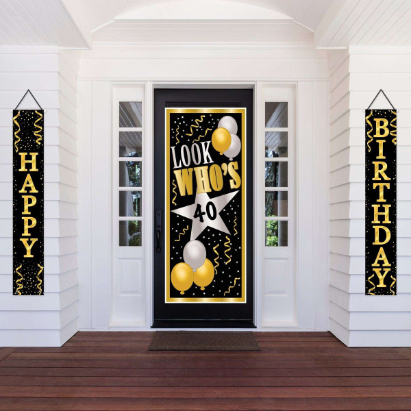 2 x Black & Gold "Happy Birthday" Fabric Door Panels - 1.8m x 29cm