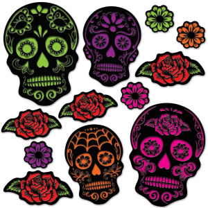 12 x Neon Day of the Dead Sugar Skull Cutout Decorations - 10cm - 37.5cm
