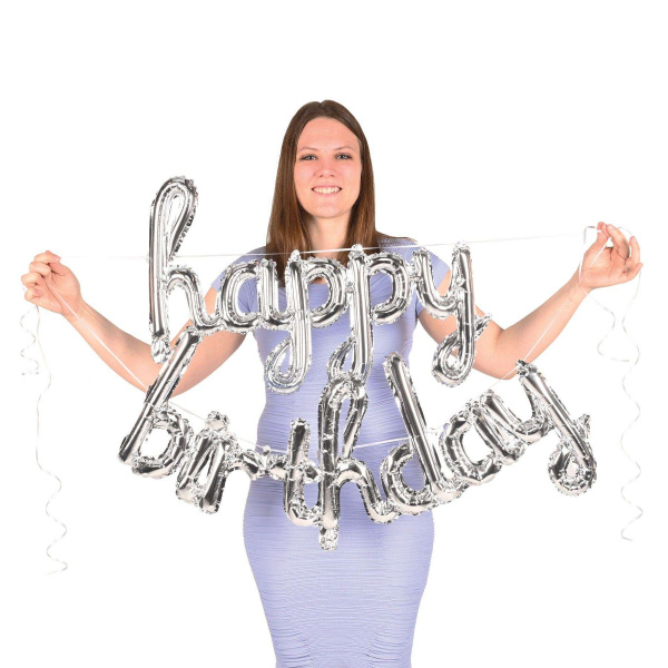 Silver "Happy Birthday" Script Foil Balloon Letter Banner - 1.7m x 40cm