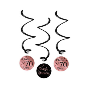3 x 70th Birthday Rose Gold & Black Hanging Whirls - 70cm