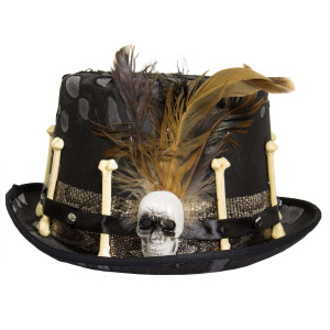 Black Tattered Top Hat with Feathers & Bones