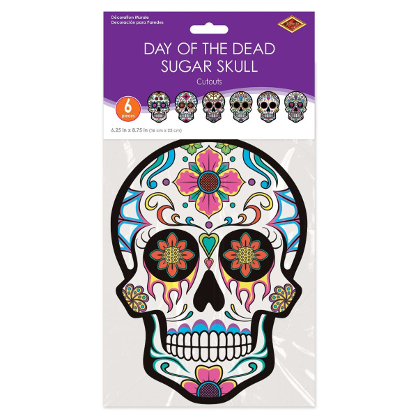 6 x Day of the Dead Colourful Sugar Skull Cutout Decorations - 22cm x 15cm