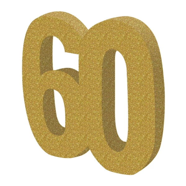 3D 60th Birthday Glitter Gold Table Decoration - 20cm x 20cm x 2.5cm