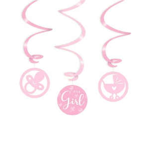 3 x Pink "It's A Girl" Baby Shower Hanging Whirls - 70cm