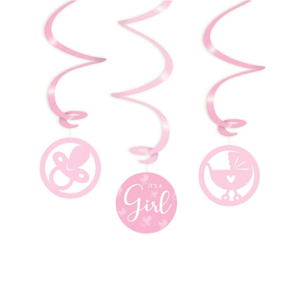 3 x Pink "It's A Girl" Baby Shower Hanging Whirls - 70cm