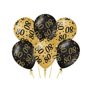 6 x 80th Birthday Black & Gold Deluxe Party Balloons - 30cm