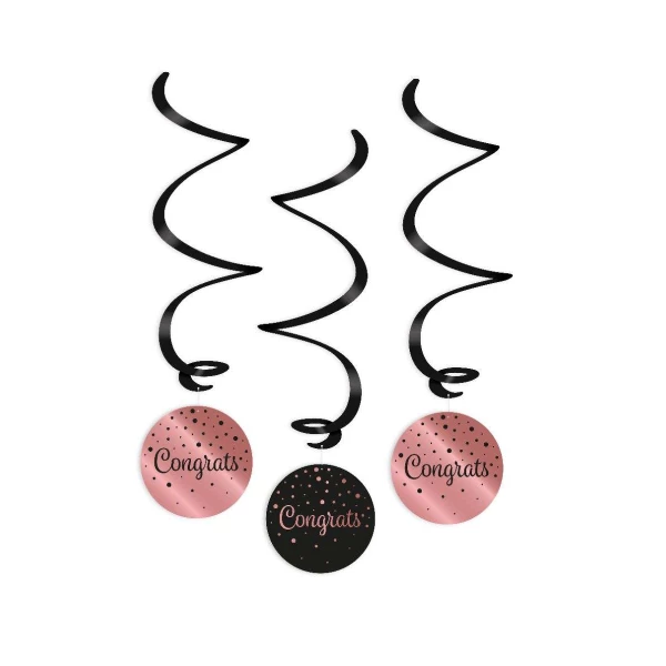 3 x  Rose Gold & Black "Congrats" Hanging Whirls - 70cm