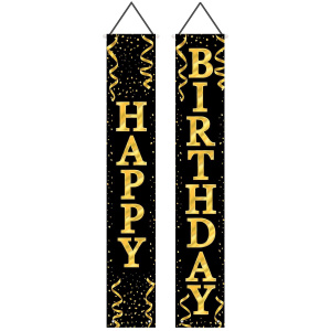 2 x Black & Gold "Happy Birthday" Fabric Door Panels - 1.8m x 29cm