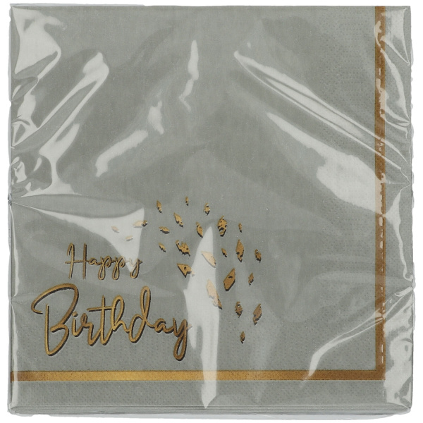 20 x Golden Dawn "Happy Birthday" Grey & Gold Party Napkins - 33cm
