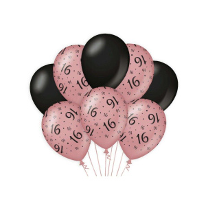 8 x 16th Birthday Rose Gold & Black Deluxe Party Balloons - 30cm