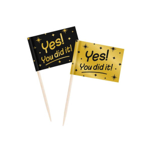 50 x Congratulations "Yes! You Did It!" Black & Gold Party Picks - 6cm