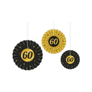 3 x 60th Birthday Black & Gold Honeycomb Fans