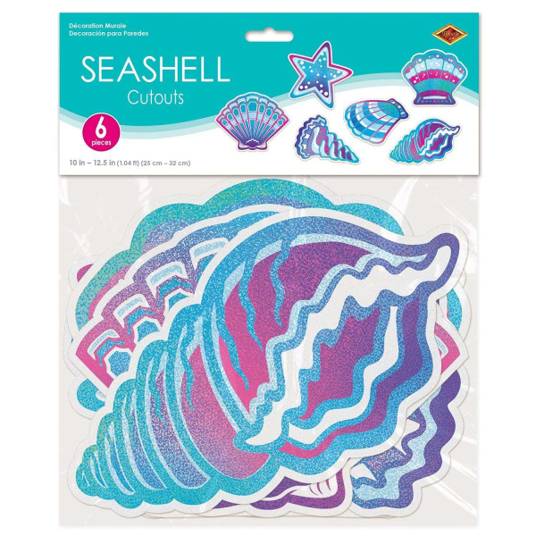 6 x Mermaid Seashell Cutout Decorations - 25cm - 31cm