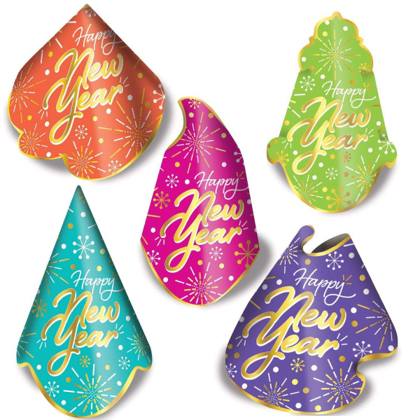 5 x Neon Burst Happy New Year Party Hats