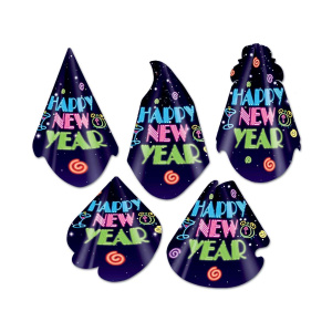 5 x Neon Midnight Happy New Year Party Hats