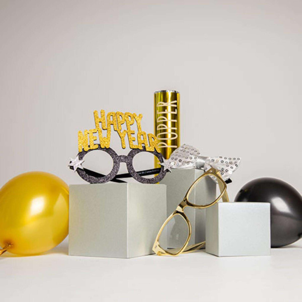 Happy New Year Black & Gold Glitter Party Glasses