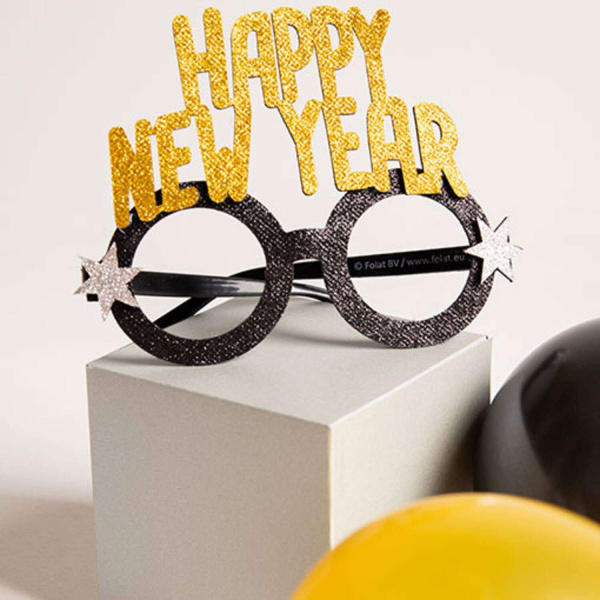 Happy New Year Black & Gold Glitter Party Glasses