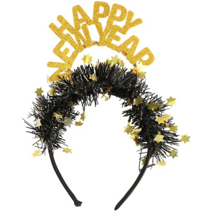 Happy New Year Black & Gold Glitter Headband Tiara