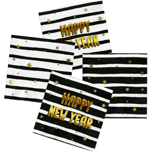 20 x Happy New Year Black & Gold Napkins - 33cm