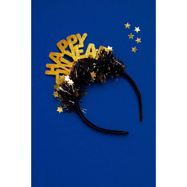 Happy New Year Black & Gold Glitter Headband Tiara