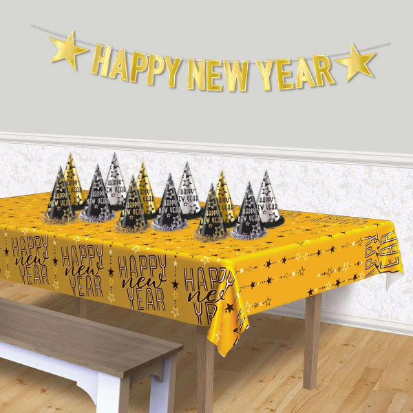 Happy New Year Gold Metallic Tablecloth - 2.75m x 1.37m