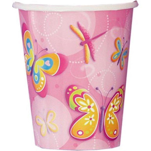 8 x Pink Butterfly & Dragonfly Paper Party Cups - 200ml