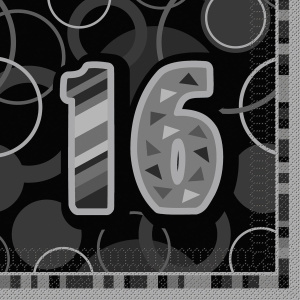 16 x 16th Birthday Black Glitz Party Napkins - 33cm