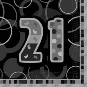 16 x 21st Birthday Black Glitz Party Napkins - 33cm