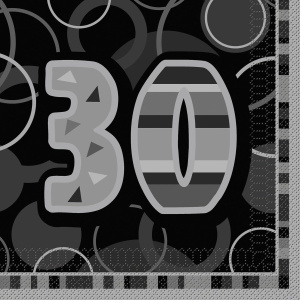 16 x 30th Birthday Black Glitz Party Napkins - 33cm
