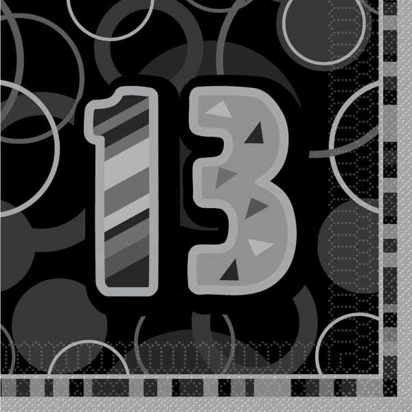 16 x 13th Birthday Black Glitz Party Napkins - 33cm