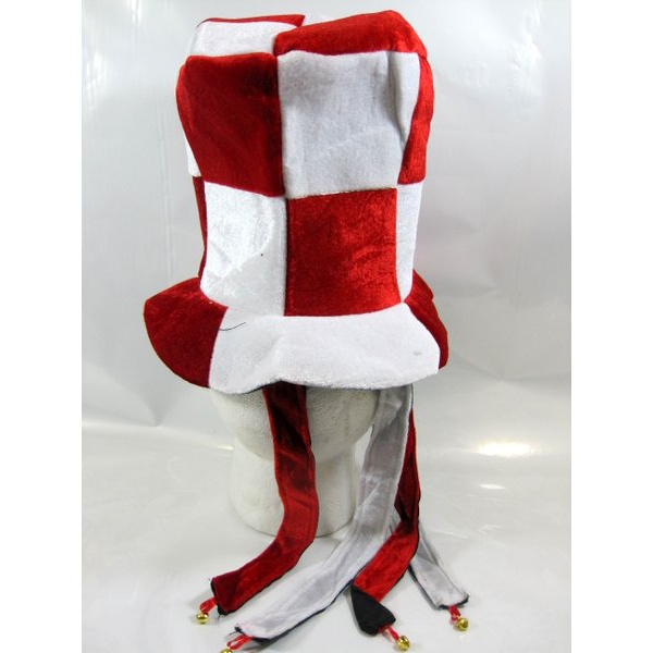 RED AND WHITE CHECKERED HAT WITH TAILS AND BELLS - Image 5