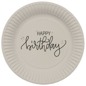 Happy Birthday Plates cream with Black script writing