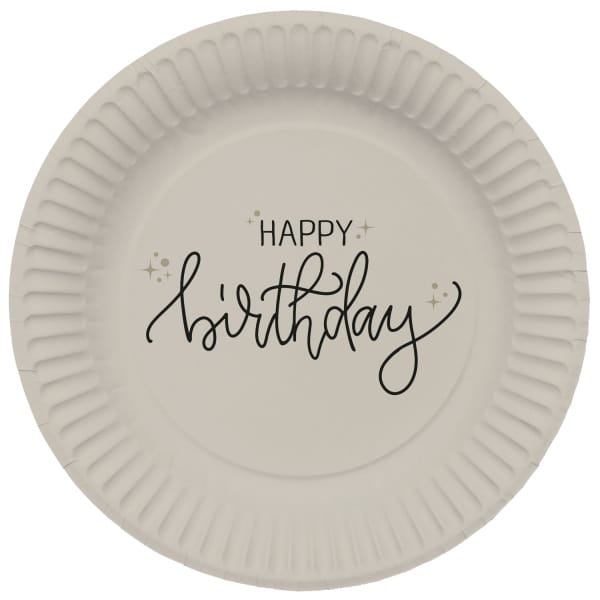 Happy Birthday Plates cream with Black script writing
